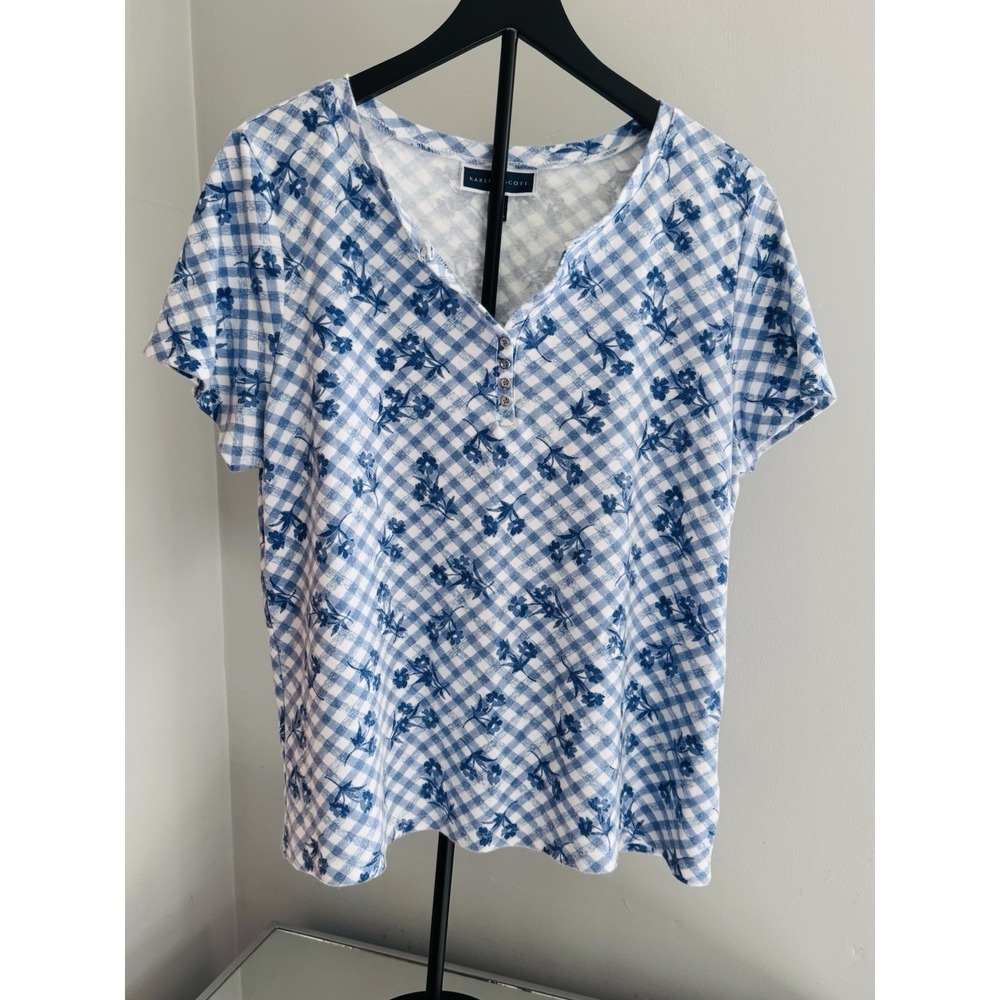 Karen Scott Top XXL Blue Gingham Floral Henley Cotton Blend Casual Tee